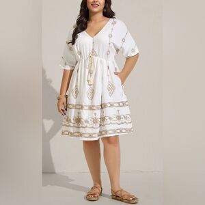 Bloomchic Boho Embroidered Waist Tie Midi Dress White Size 12 NWT